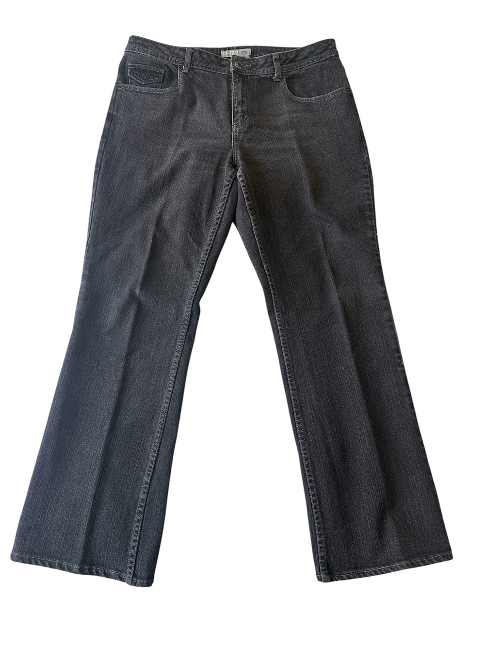 Chico’s Platinum Black Denim Crystal Jeans with Embellishment Pockets Size 2.5